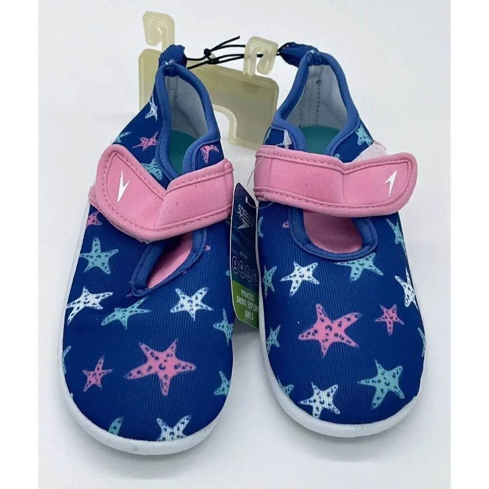 NWT Speedo Girls Kids XL 11/12 Shore Explore Water Shoes Blue Pink White Stars